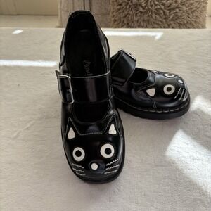 T.U.K. Black Cat Face Mary Jane Genuine Leather Womens 7 Goth Punk Y2K Chunky